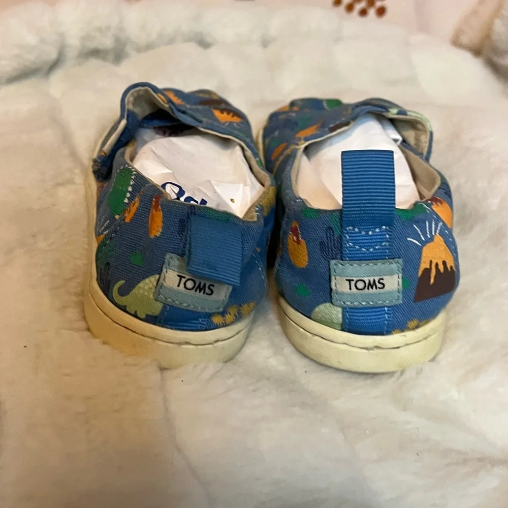 Toms Unisex Toddler Sz 10 Blue Dino Canvas Hook Loop Close Casual Jurassic Shoes